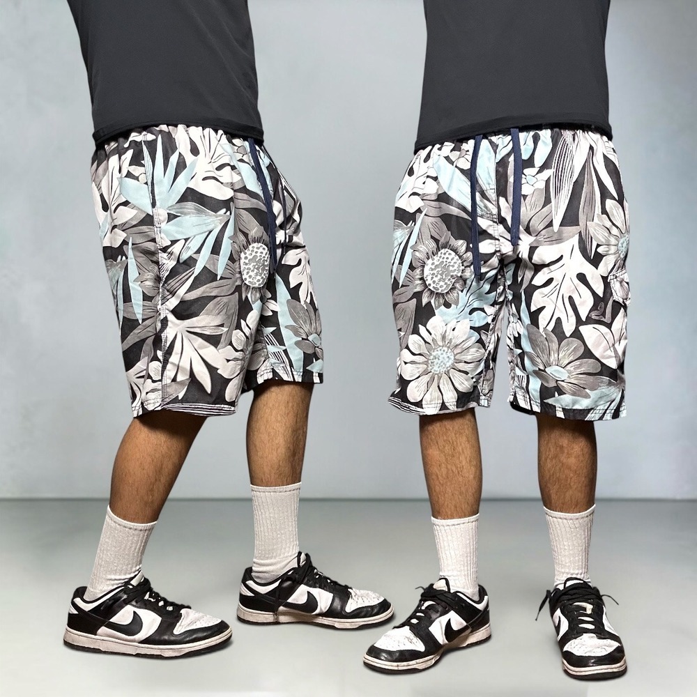 Kanu Surf Tropical Floral Swim Trunks Board Shorts Black Blue Men's Size Large